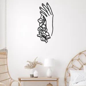 Autocollant mural en acrylique noir motif art linéaire main et fleur, idéal pour décoration intérieure.