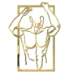 Gold 3D acrylic mirror wall sticker, abstract muscular man design for modern home decor.