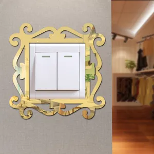 Decorative acrylic switch wall sticker, gold ornate mirror frame for home decor.