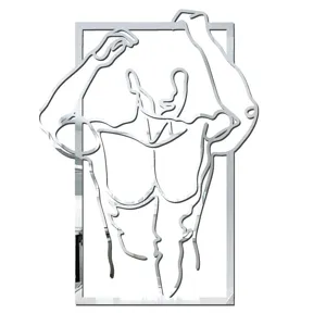 Detailed view of 3D acrylic mirror wall sticker featuring a muscular fitness male body outline.
