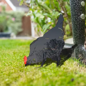 Acrylic chicken yard art garden stake, black silhouette outdoor lawn decor detail view.