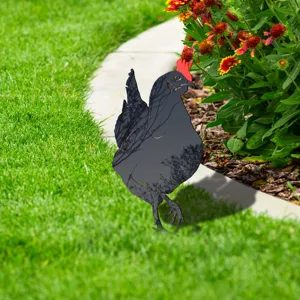 Acrylic chicken yard art stake, outdoor garden lawn decorative silhouette sculpture detail view.