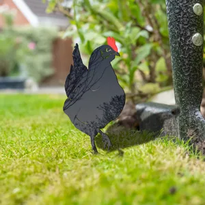 Close up view of acrylic black chicken yard art, outdoor garden stake on green lawn.