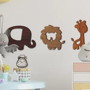 Wooden animal wall stickers set featuring elephant lion and giraffe for kids bedroom decor.