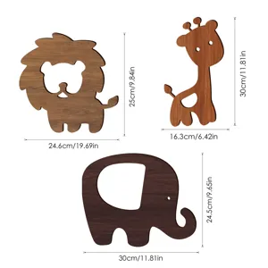 Wooden animal wall stickers set, cartoon lion, giraffe and elephant decor for kids bedroom.