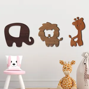 Wooden animal wall stickers detail, elephant lion giraffe kids room decor, cute wood art