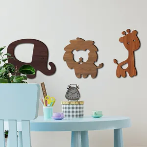 Wooden animal wall stickers set featuring elephant, lion and giraffe for kids room decor.