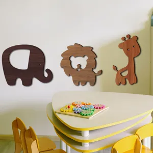 Wooden animal wall stickers featuring elephant, lion and giraffe for kids bedroom decor.