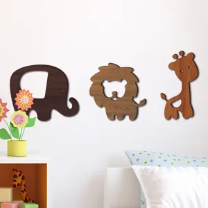 Wooden animal wall stickers detail showing elephant lion giraffe decor for kids bedroom wall.