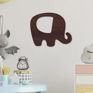 Wooden elephant wall decor detail view in a cozy child room scene background setup.