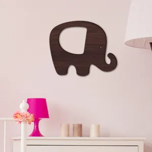 Wooden elephant wall decor detail, minimalist kids room nursery hanging decoration.