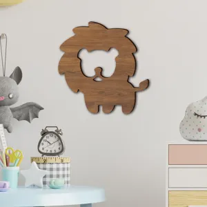 Wooden lion wall sticker detail view, cute cartoon animal design for kids bedroom decor.