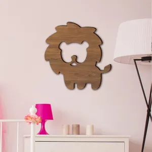 Wooden lion wall sticker for kids bedroom decor, cute cartoon animal design, natural wood texture.