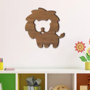 Wooden cartoon lion wall sticker for kids bedroom home decor, cute animal wood art decoration.