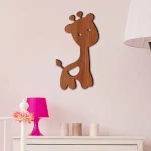 Wooden giraffe wall decor in a cozy nursery scene, displaying fine cartoon wooden grain details.