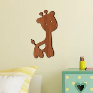 Wooden giraffe wall sticker for kids bedroom decor, cute cartoon wooden wall art for nursery.