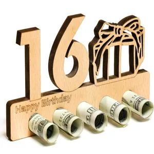 Wooden 16th birthday money holder gift cash display stand table decor for party.