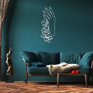 Sticker mural miroir acrylique 3D avec main féminine minimaliste et art de ligne florale pour la maison.