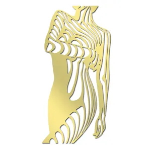 Detail view of gold abstract female body acrylic wall sticker, modern geometric art.