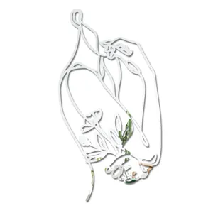 Close-up detail of acrylic mirror wall sticker, abstract female body line art for decor.