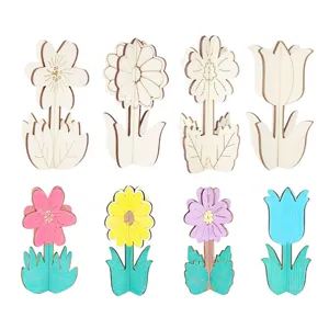 Unfinished Wooden Flower DIY 3D Assembly Craft Ornament Natural Wood Floral Home Decor Painting Puzzle Toy For Kids Adults
