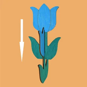 Wooden 3D tulip flower puzzle detail view, unfinished DIY craft for painting and home decor.