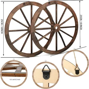 Wooden wagon wheel wall decor detail view, showing diameter size, thickness, and hanging hook.