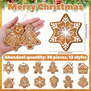 Christmas wooden gingerbread man pendants hanging decorations set with 36 pieces and 12 styles.