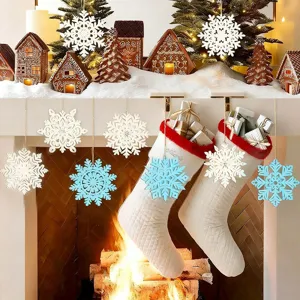 Wooden hollow snowflake hanging ornaments set for Christmas tree home holiday party decor