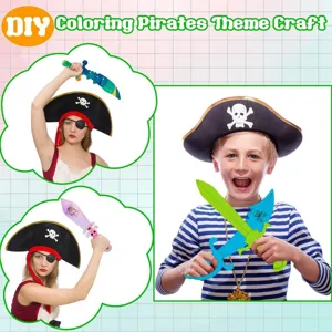DIY wooden pirate theme craft coloring toys set with swords, eye patches and pirate hats for kids.