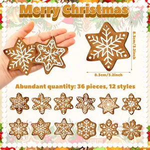 Wooden Christmas snowflake ornament detail, exquisite white painted pattern for tree decor.