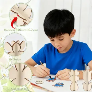 Unfinished wooden 3D flower DIY craft detail showing 0.2cm thickness and smooth wood surface.