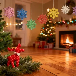 Christmas glitter snowflake hanging decorations and red reindeer ornament holiday detail scene view.