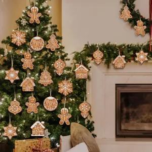 Christmas wooden gingerbread man pendants, snowflake and house ornaments for tree party decor.