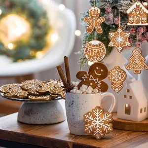 Christmas wooden gingerbread man pendant detail showing festive tree hanging decoration props.