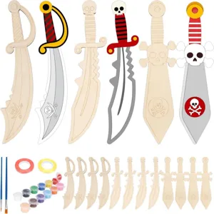 Kids wooden pirate sword DIY painting craft set with colorful paints and brushes for creative play.