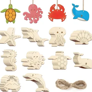 Pendentifs Artisanaux Bricolage en Bois Animaux Marins Arbre de Noël Tranches de Bois Naturel Peintes Avec Corde de Chanvre Décoration de Fête à la Maison