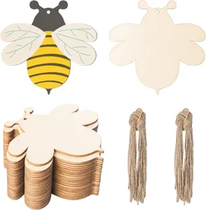 Unfinished wooden blank bee shape cutouts with jute twine for DIY crafts and party decor.