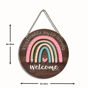 Wooden hanging door sign with rainbow and pencils, perfect classroom or home wall decor item.