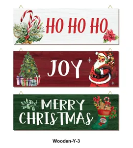 Christmas wooden hanging signs set, vintage holiday wall decor with festive text and illustrations.