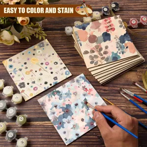 Unfinished square wood slices DIY painting set with colorful floral patterns and paint brushes.