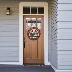 Wooden hanging door sign with rainbow design, perfect for classroom or home decoration use.