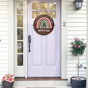 Wooden door hanging sign with rainbow and pencil design, cute classroom decor plaque.