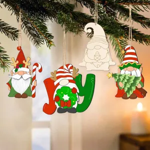 Wooden Christmas gnome hanging ornaments detailed view with festive pine branch and candle decor.