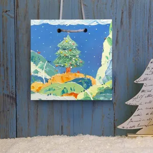 Oil painting style Christmas tree gift bag decorative square hanging bag with blue wood background