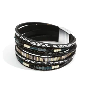 Bracciale Intrecciato in Pelle PU Multistrato Bohémien per Donna Uomo Perline di Pietre Preziose Chiusura Magnetica Gioielli da Polso Moda