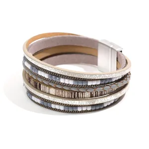 Bracciale multistrato in pelle PU stile bohémien per donna perline chiusura magnetica