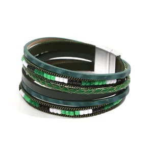 Bracciale multiuso in pelle PU stile boho con perline e chiusura magnetica da donna moda