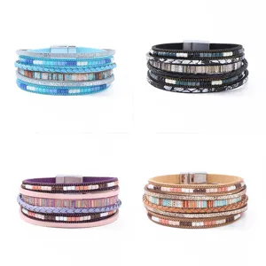 Bracciale da donna in pelle PU multistrato stile bohémien intrecciato chiusura magnetica