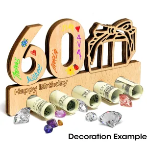 Wooden 60th birthday money holder gift with cash rolls and crystal decoration for party.